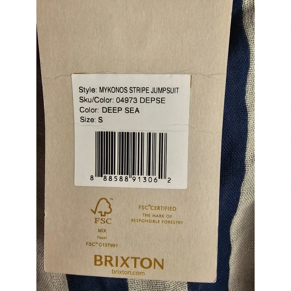 NWT‎ Brixton Womens Deep Sea Blue Striped Mykonos Wide Leg Jumpsuit Small